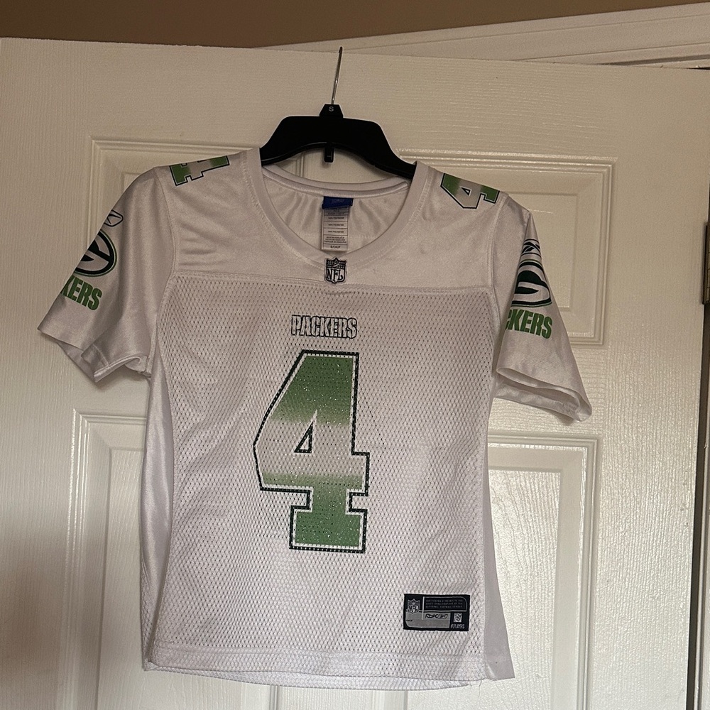 White and Green Packers Jersey women’s small. Brett Favre